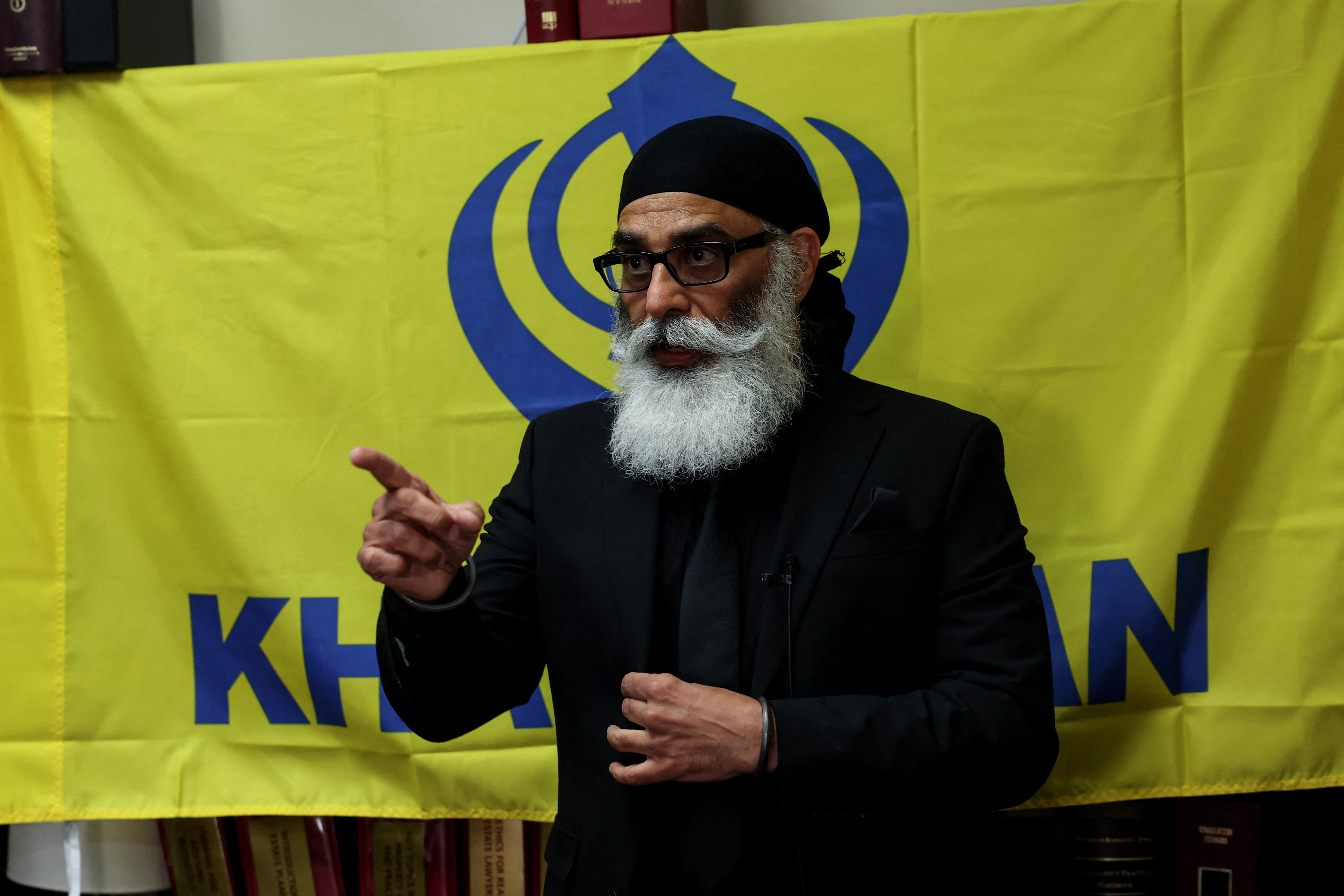 Gurpatwant Singh Pannun, a 56-year-old dual U.S.-Canadian citizen, speaks during an interview in New York City