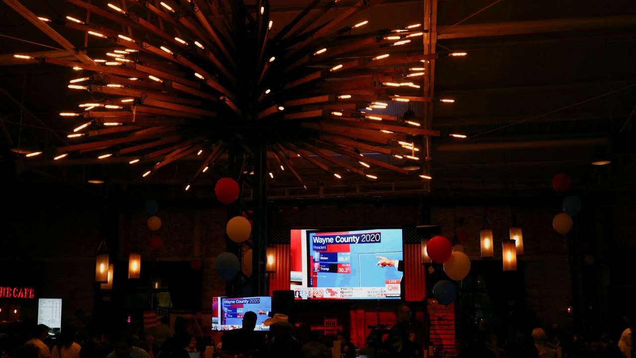 People, mostly expats from the United States, watch the live coverage of the 2024 U.S. presidential election, in Mexico City