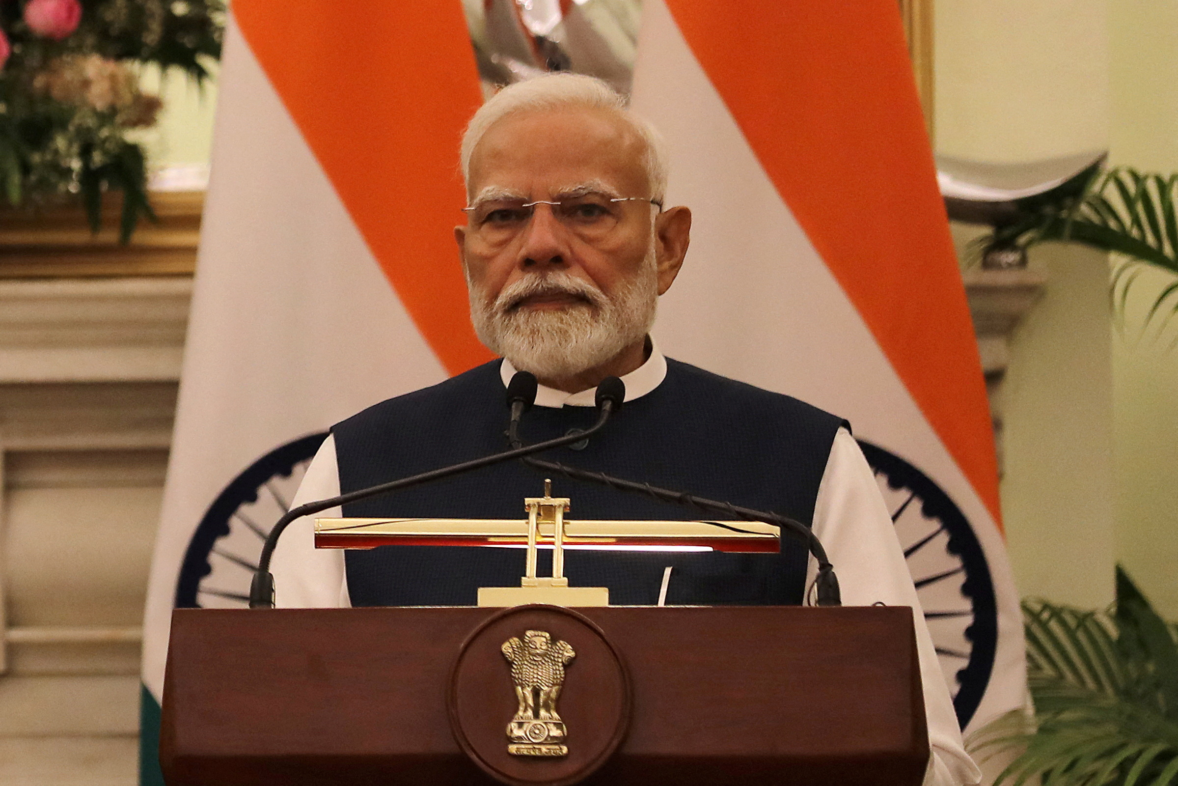 FILE PHOTO: India's Prime Minister Narendra Modi speaks during a joint press statement with European Commission President Ursula von der Leyen in New Delhi