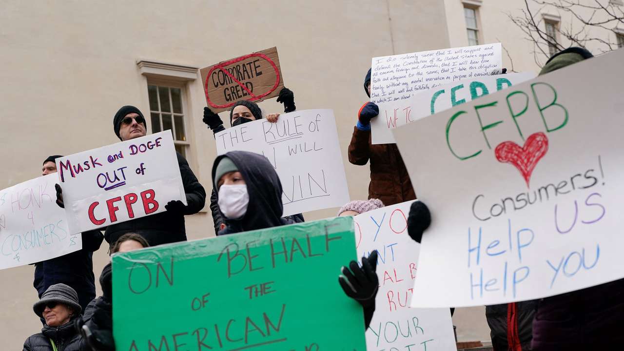 Protest the day after members of Elon Musk's Department of Government Efficiency moved into the CFPB, in Washington