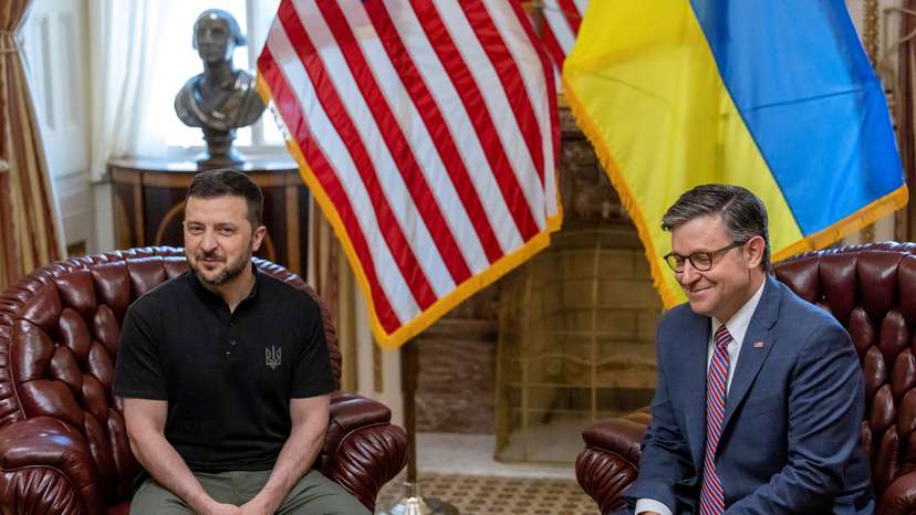 FILE PHOTO: U.S. House Speaker Johnson meets with Ukrainian President Zelenskiy in Washington