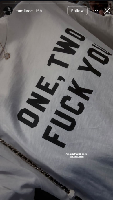 A picture shared by Tamila Cristescu of a T-shirt with the logo ONE, TWO FUCK YOU