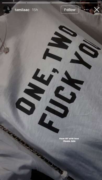 A picture shared by Tamila Cristescu of a T-shirt with the logo ONE, TWO FUCK YOU