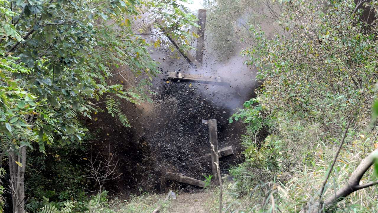 FILE PHOTO: A section of a rail link with South Korea is blasted to completely block it off, according to North Korea's state media, at an undisclosed location along North Korea's southern border area