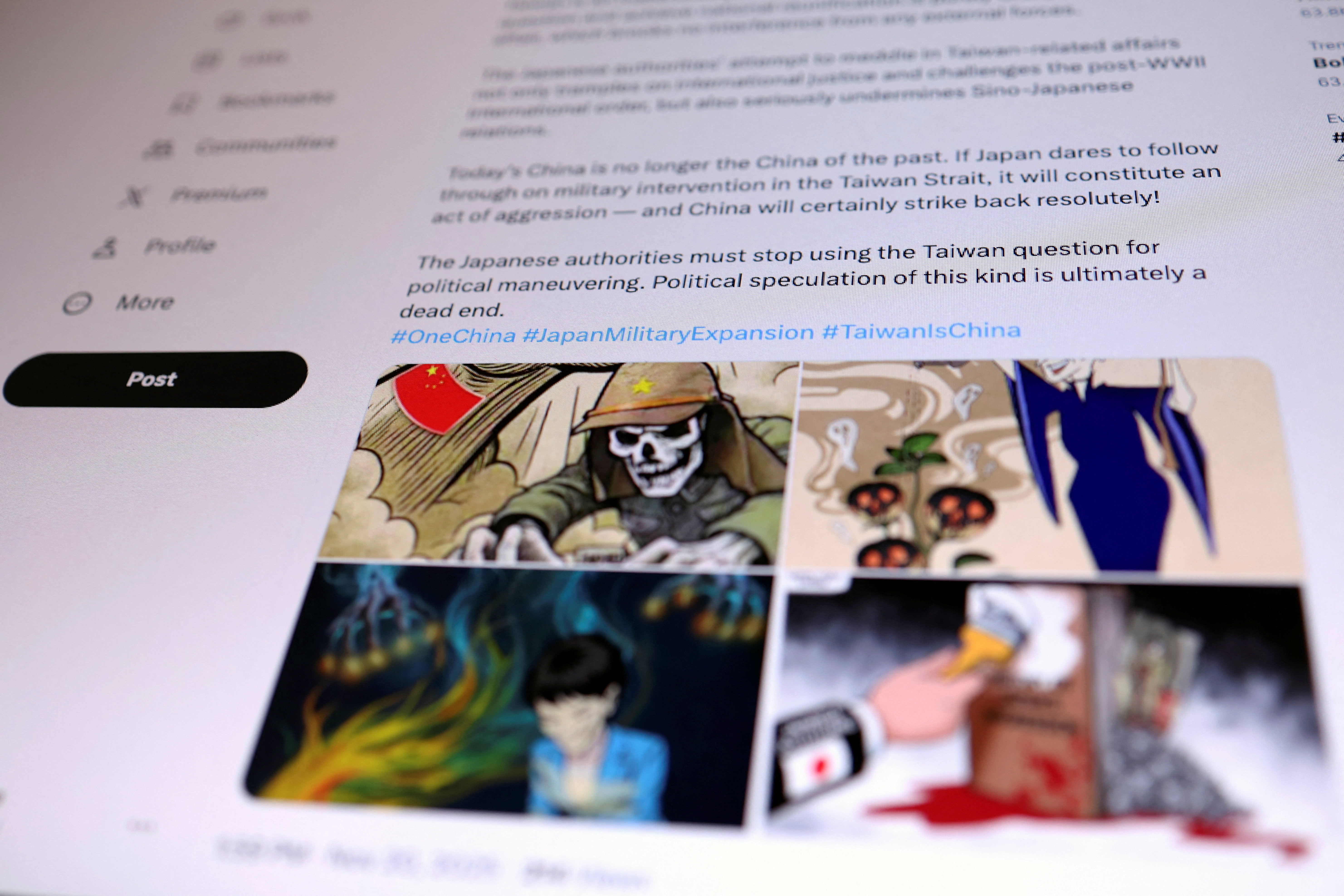 Illustration picture of a post on X by China's embassy in Manila