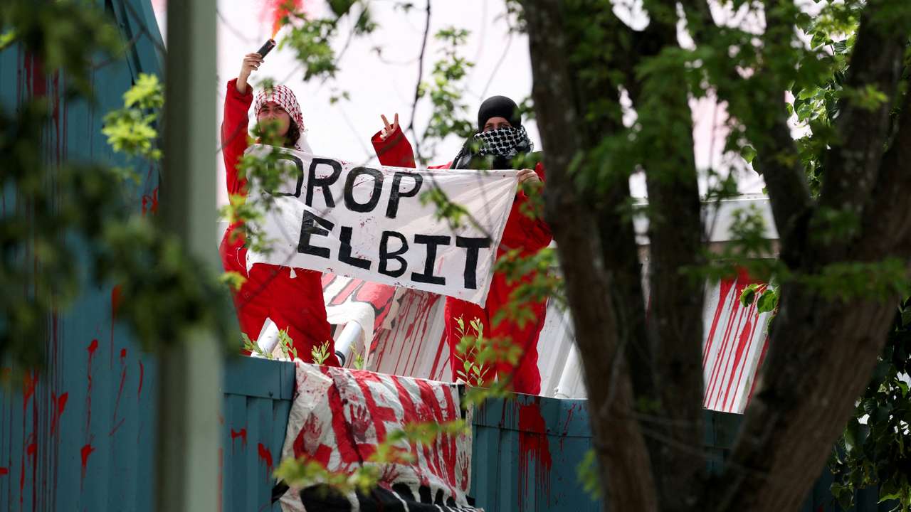 "Palestine Action" protest on the roof of Guardtech Group in Brandon, Suffolk