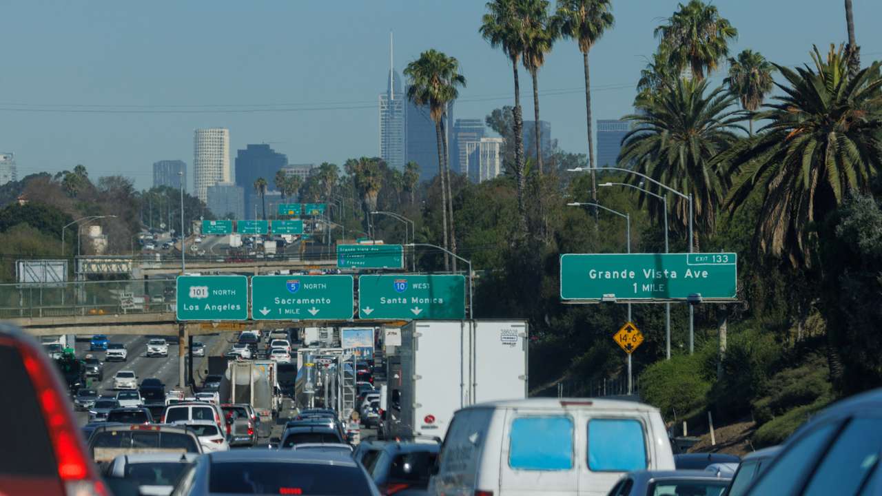 Cars ride in traffic along the I5 freeway is shown in Los Angeles, California
