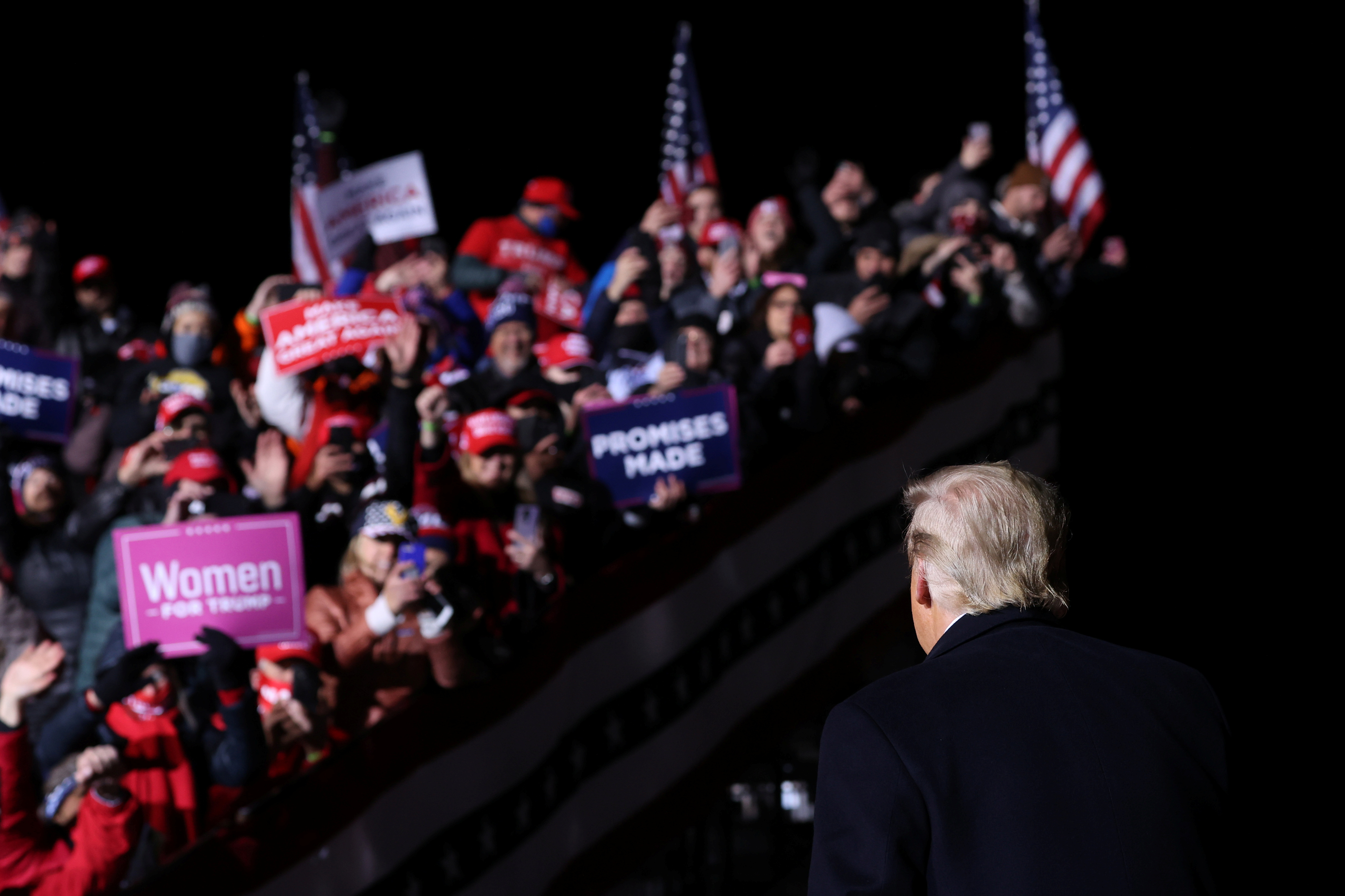 U.S. President Trump departs at the end of a campaign event at Eppley Airfield in Omaha, Nebraska