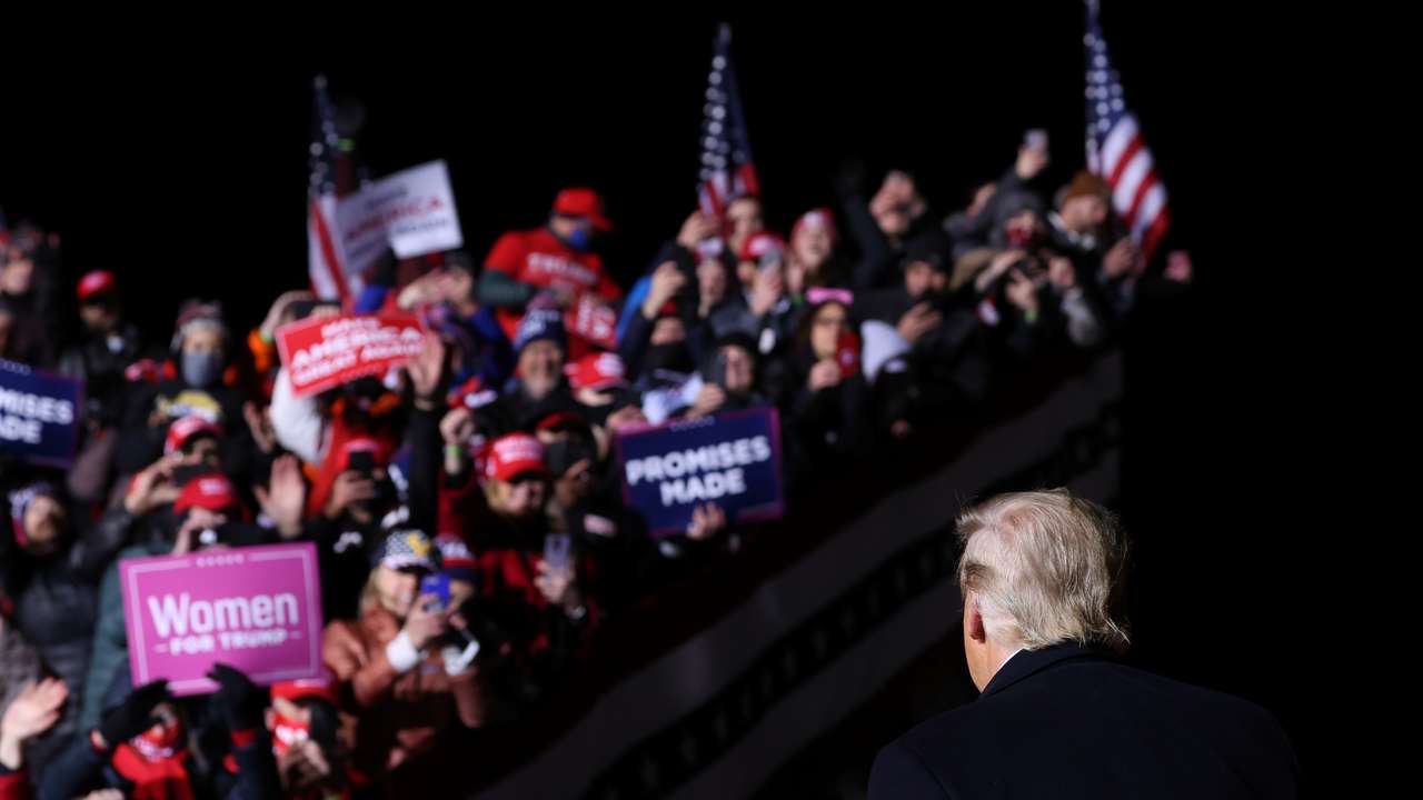 U.S. President Trump departs at the end of a campaign event at Eppley Airfield in Omaha, Nebraska
