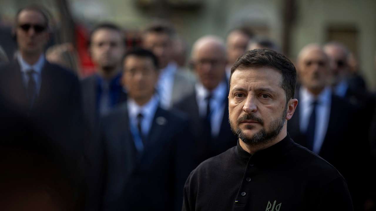 Ukraine’s President Volodymyr Zelenskiy visits site of Russian missile strike on a a residential area in Kyiv