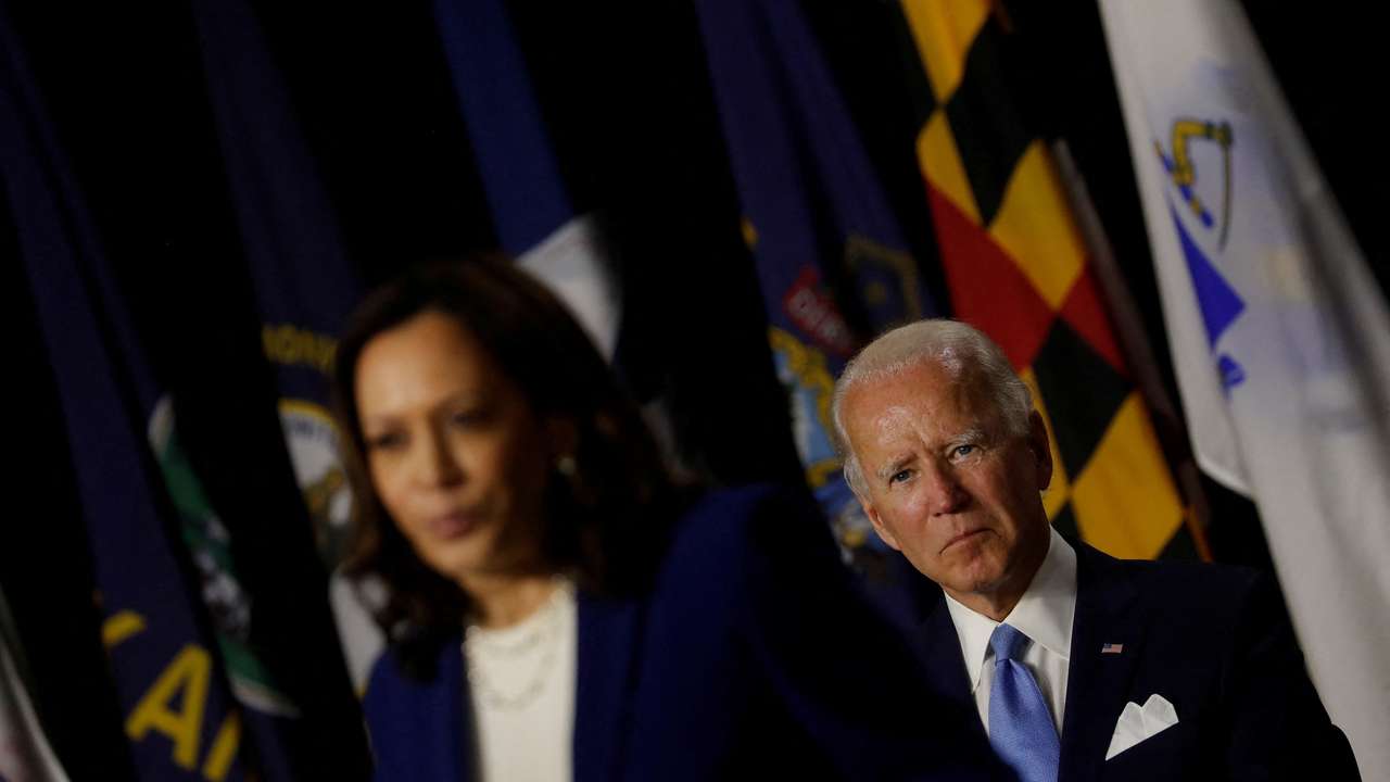 FILE PHOTO: Democratic presidential candidate Biden and vice presidential candidate Harris hold first joint campaign appearance as a ticket in Wilmington, Delaware