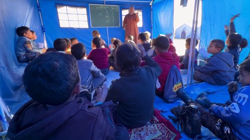 Gaza children go back to school in makeshift tent after rubbles