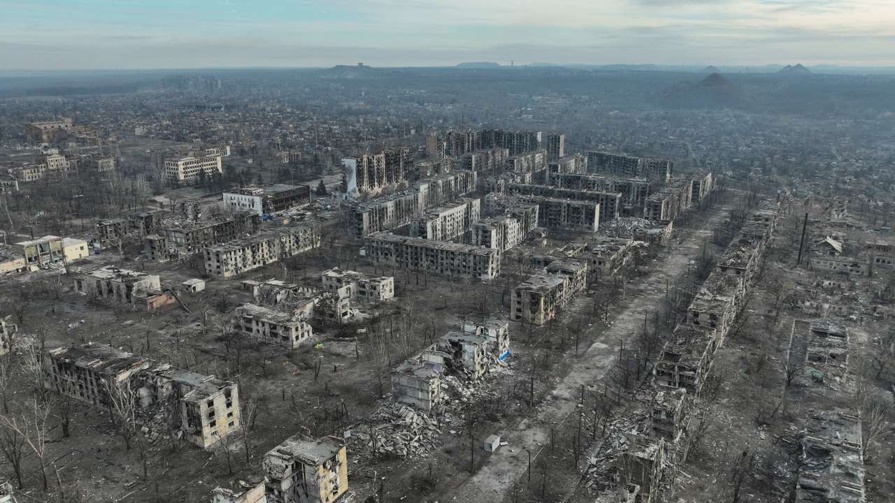 Drone view shows damaged buildings in Toretsk