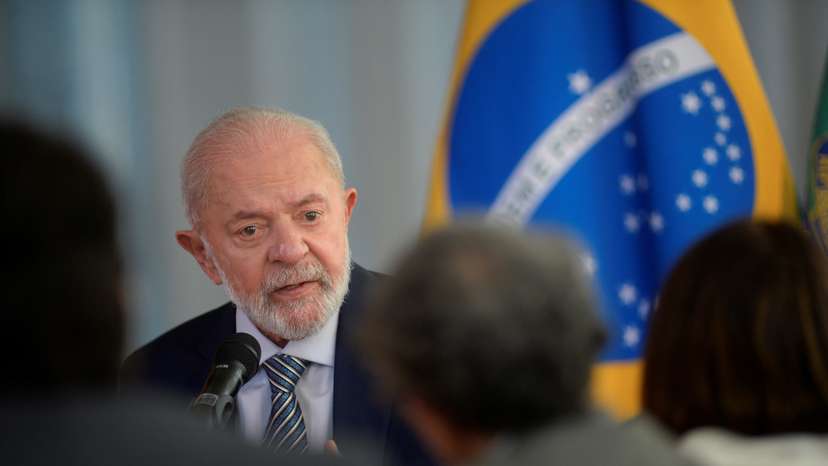 Brazilian President Luiz Inacio Lula da Silva speaks to foreign media at Planalto palace in Brasilia