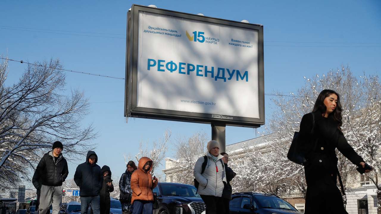 Campaign posters for referendum on a new constitution in Almaty
