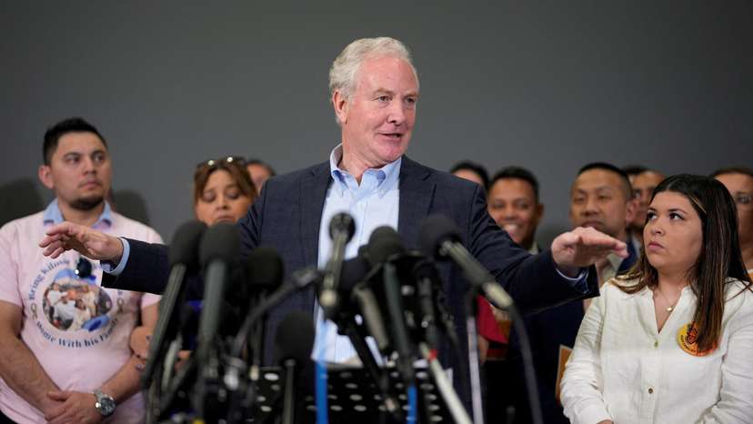 U.S. Senator Van Hollen holds a press conference at Dulles International Airport, after returning from a visit to El Salvador, where he advocated for the release of Kilmar Abrego Garcia, in Sterling