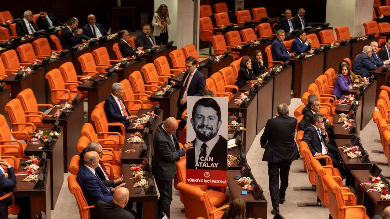 Workers' Party of Turkey MPs display portrait of jailed Atalay in parliament in Ankara