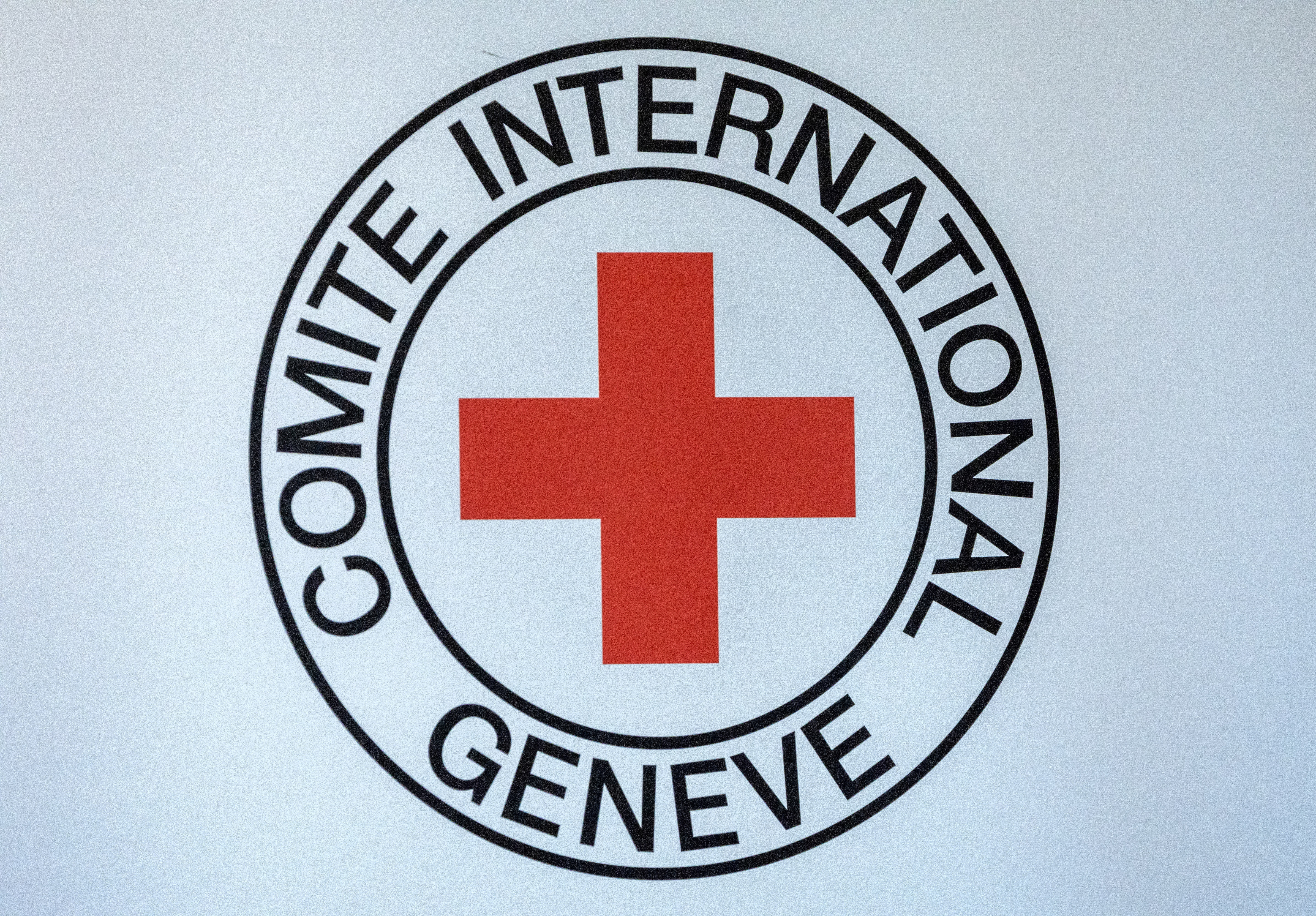 Logo of the ICRC is seen during the press conference of Robert Mardini, Director-General of ICRC, in Geneva