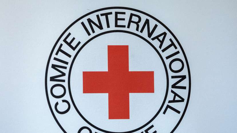 Logo of the ICRC is seen during the press conference of Robert Mardini, Director-General of ICRC, in Geneva