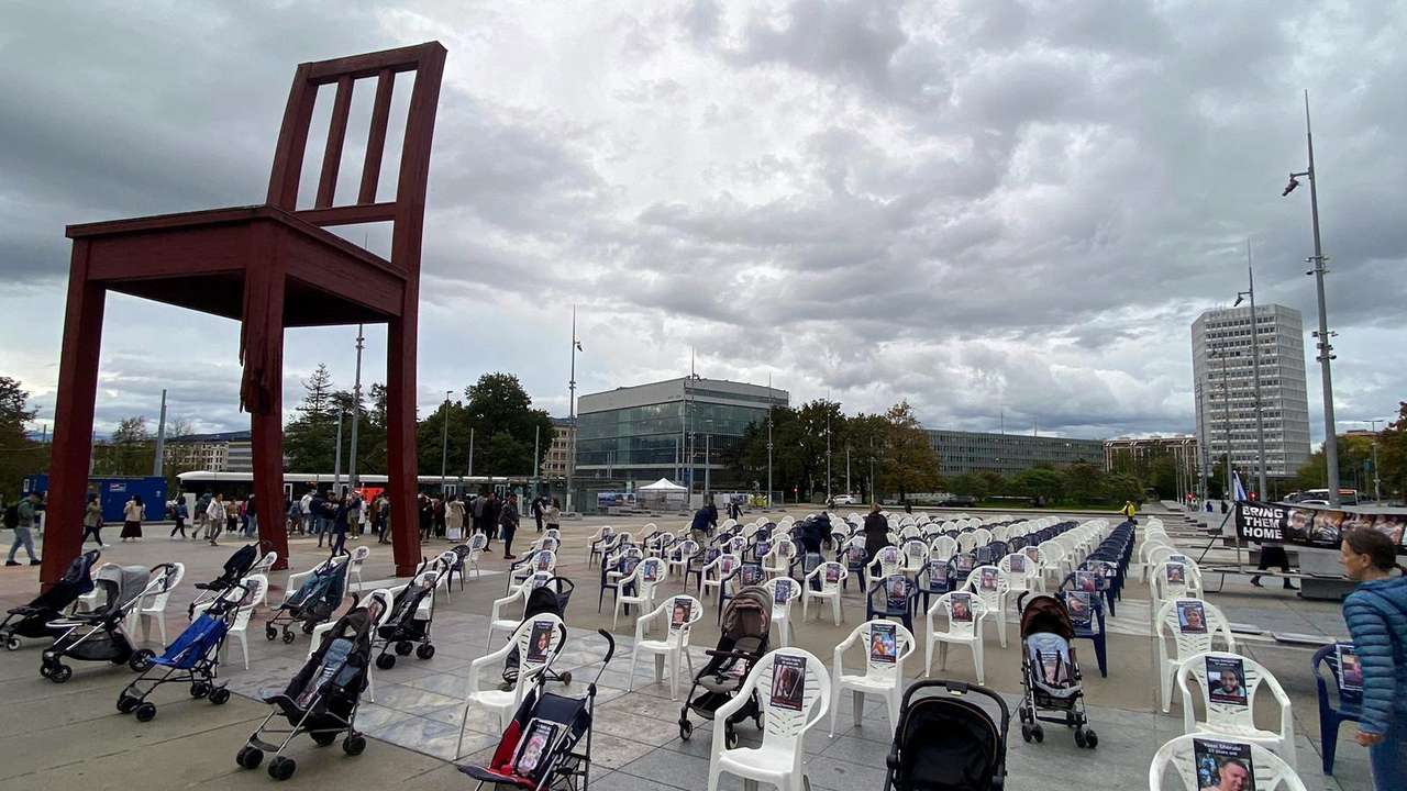Empty chairs symbolise Hamas' Israeli hostages outside UN in Geneva