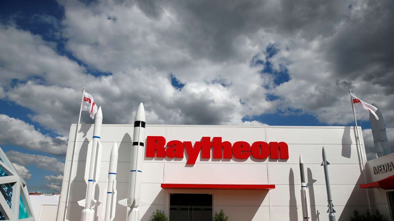 The Raytheon stand is seen at the 53rd International Paris Air Show at Le Bourget Airport near Paris