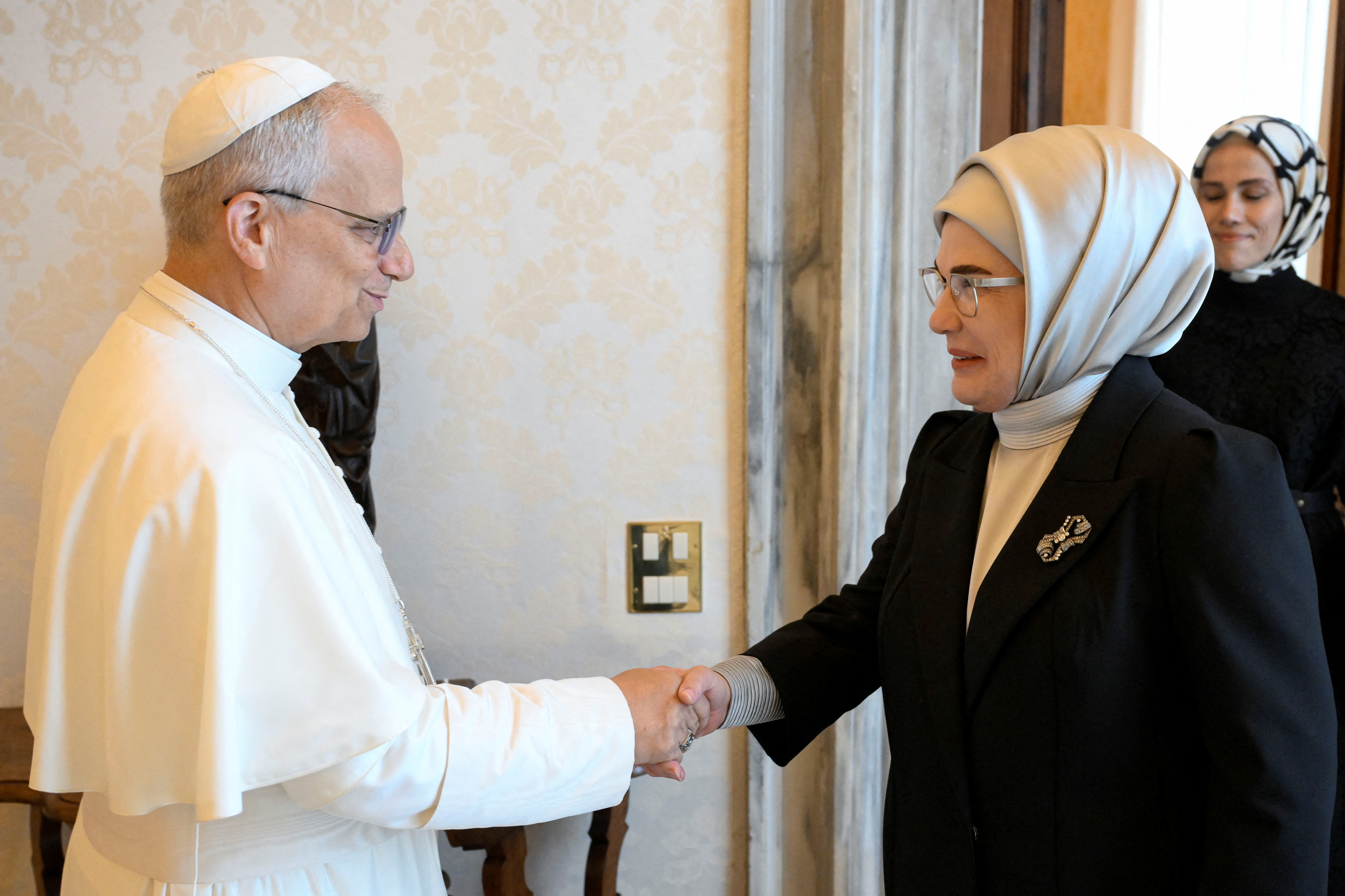 Pope Leo XIV meets Emine Erdogan, wife of Turkey's President Tayyip Erdogan, at the Vatican