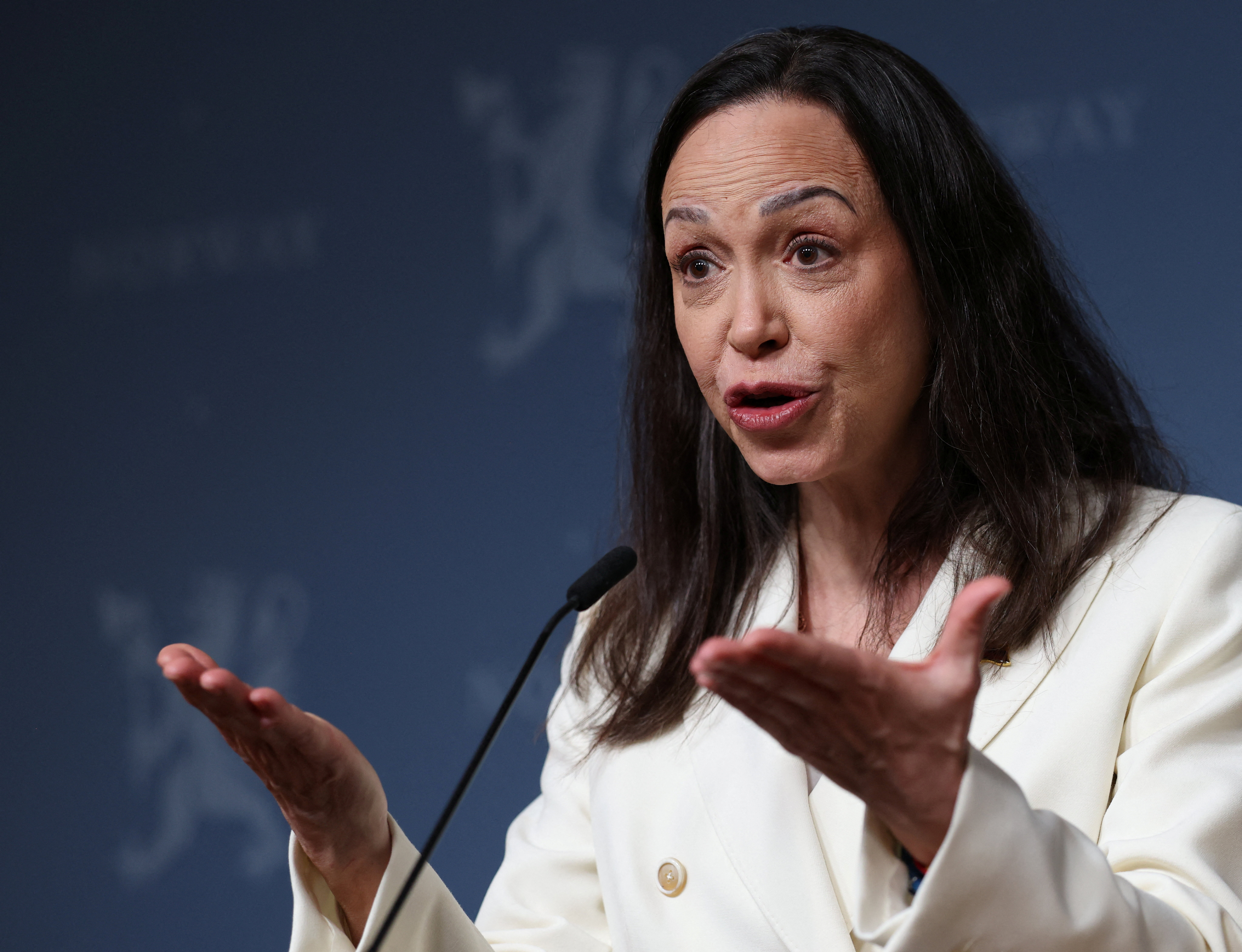 Nobel Peace Prize laureate and Venezuelan opposition leader Maria Corina Machado speaks during a press conference in Oslo