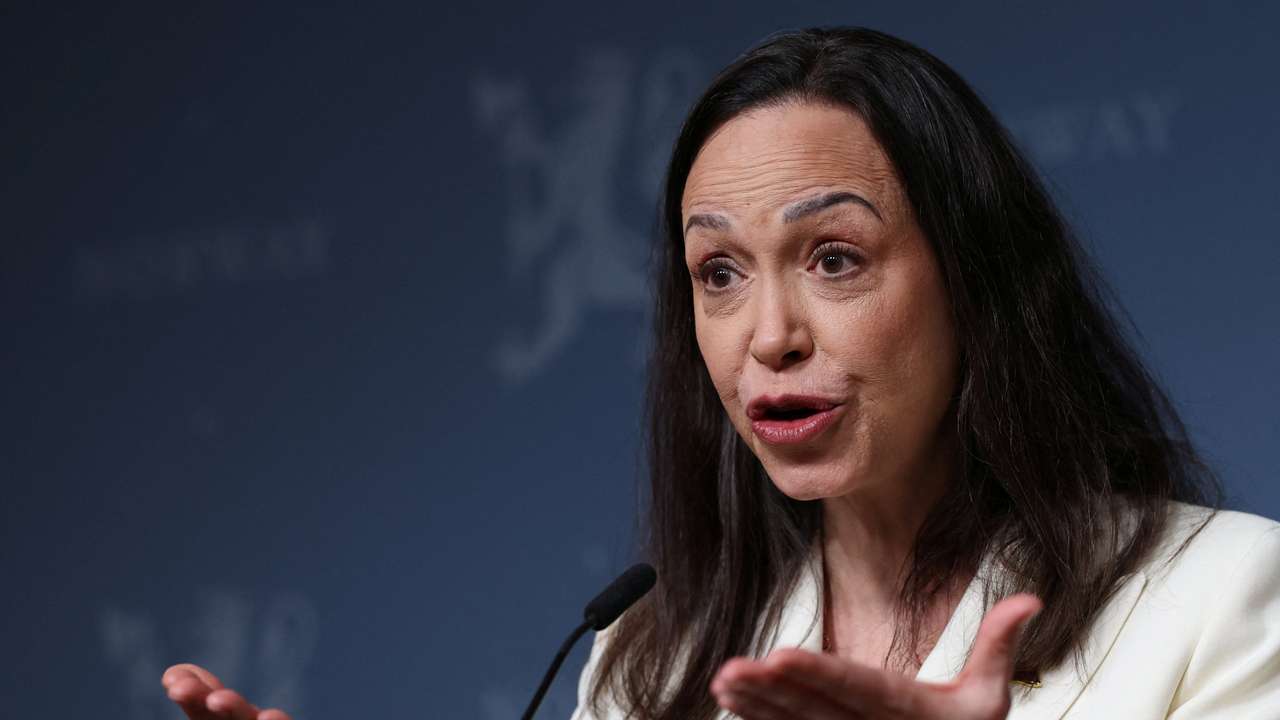 Nobel Peace Prize laureate and Venezuelan opposition leader Maria Corina Machado speaks during a press conference in Oslo