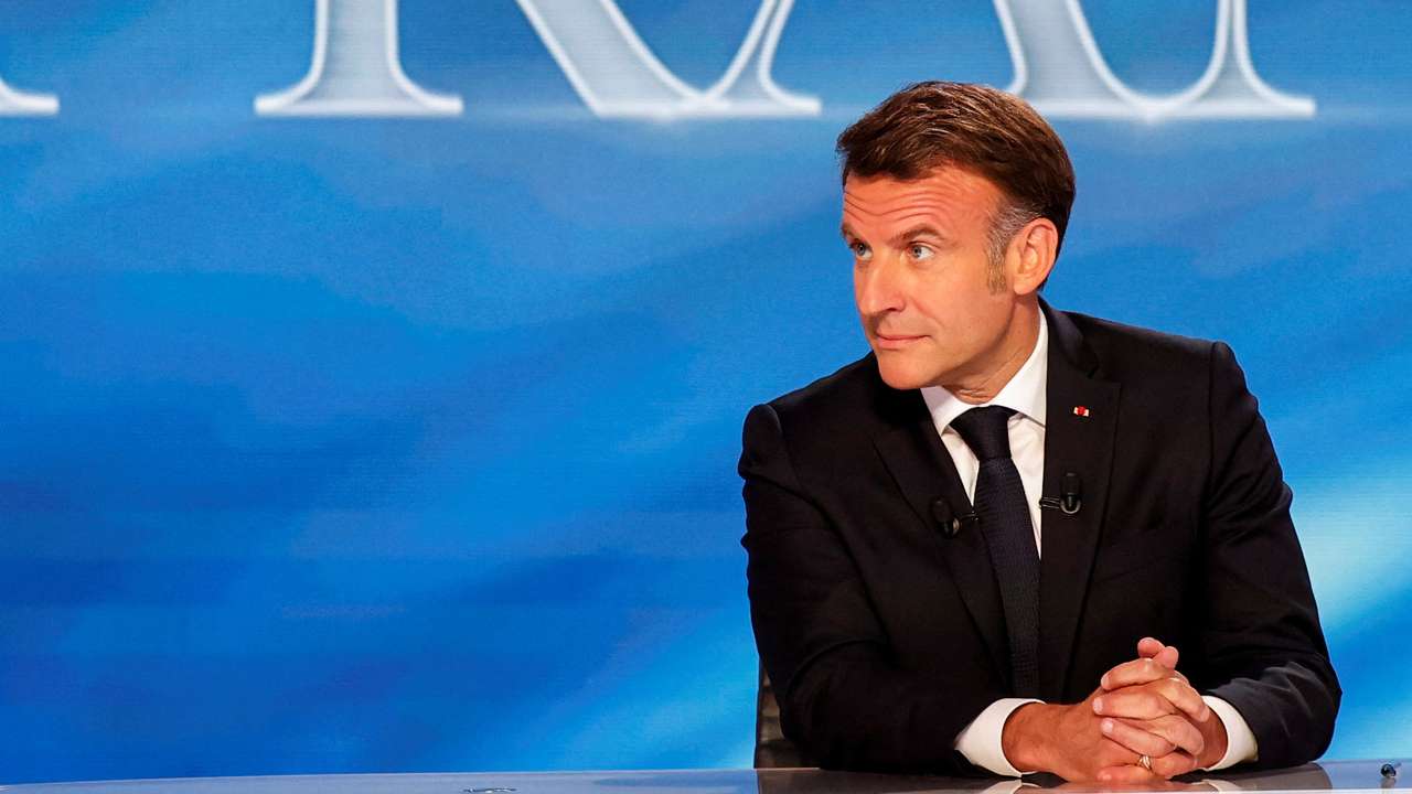 France's President Emmanuel Macron appears on a special program of the French channel TF1 in Saint-Denis