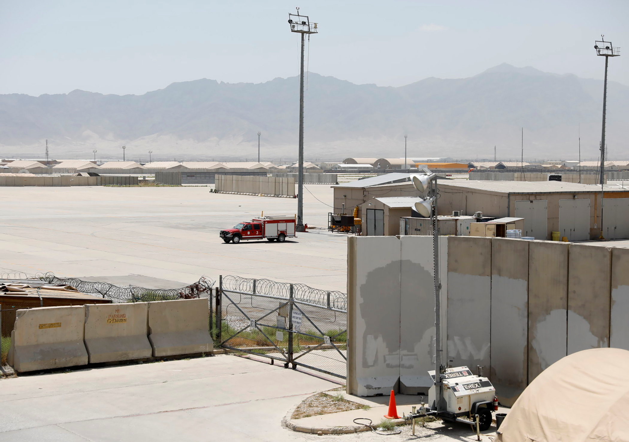 A firefighter vehicle is seen in Bagram U.S. air base, after American troops vacated it, in Parwan province