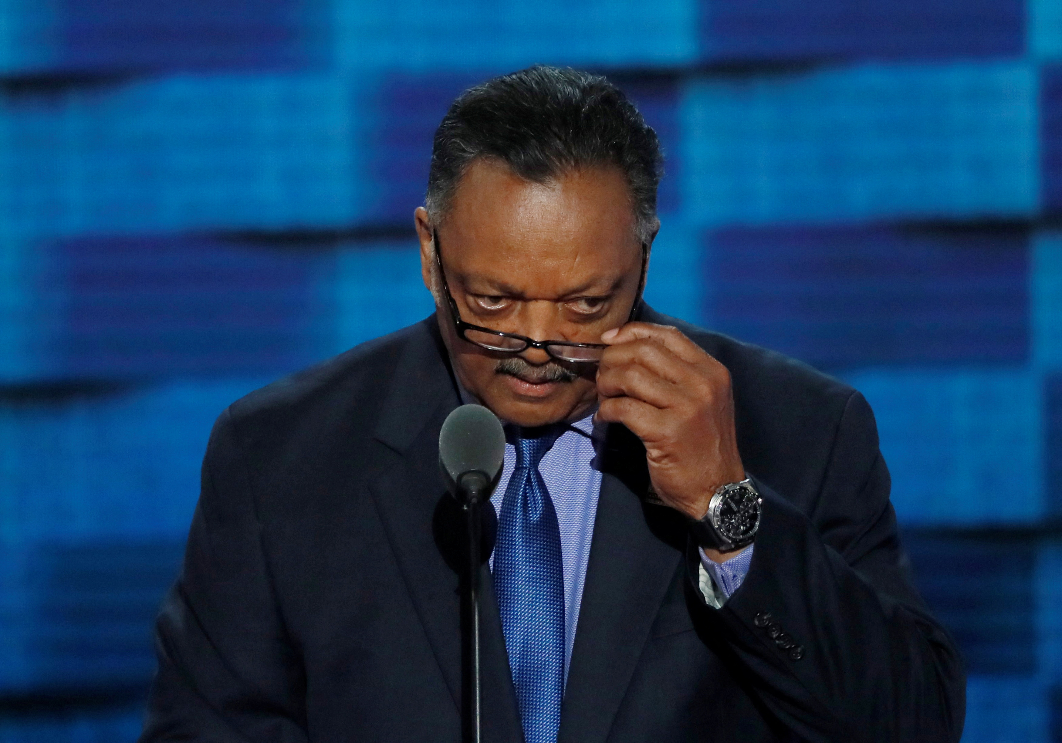 FILE PHOTO: Civil rights leader Reverend Jesse Jackson speaks during the third day of the Democratic National Convention in Philadelphia