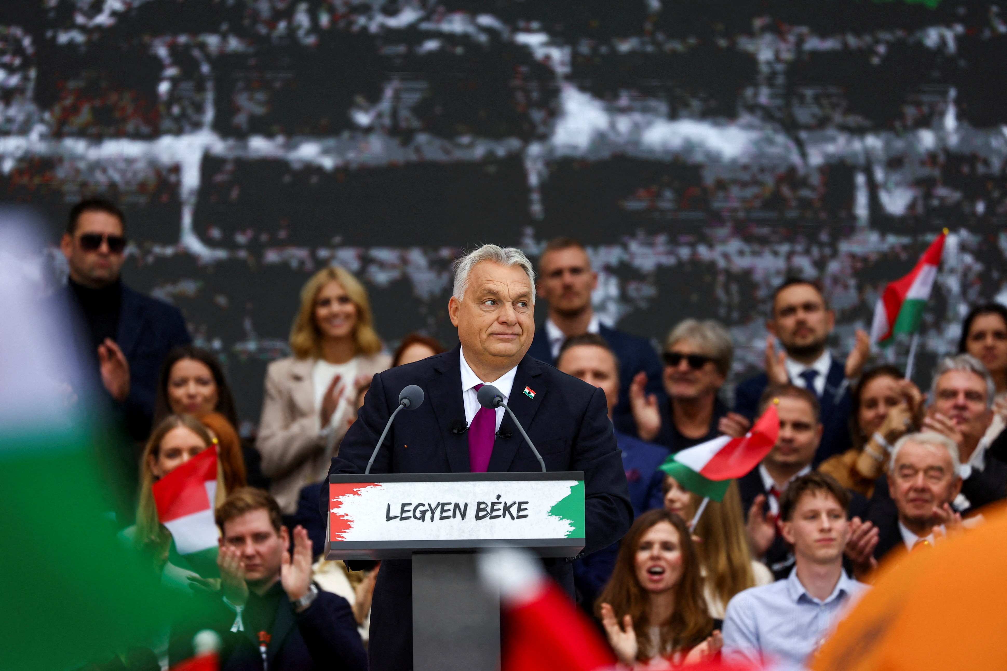 Hungarian Prime Minister Viktor Orban reacts as he delivers a speech to mark the 69th anniversary of the Hungarian Uprising of 1956, in Budapest