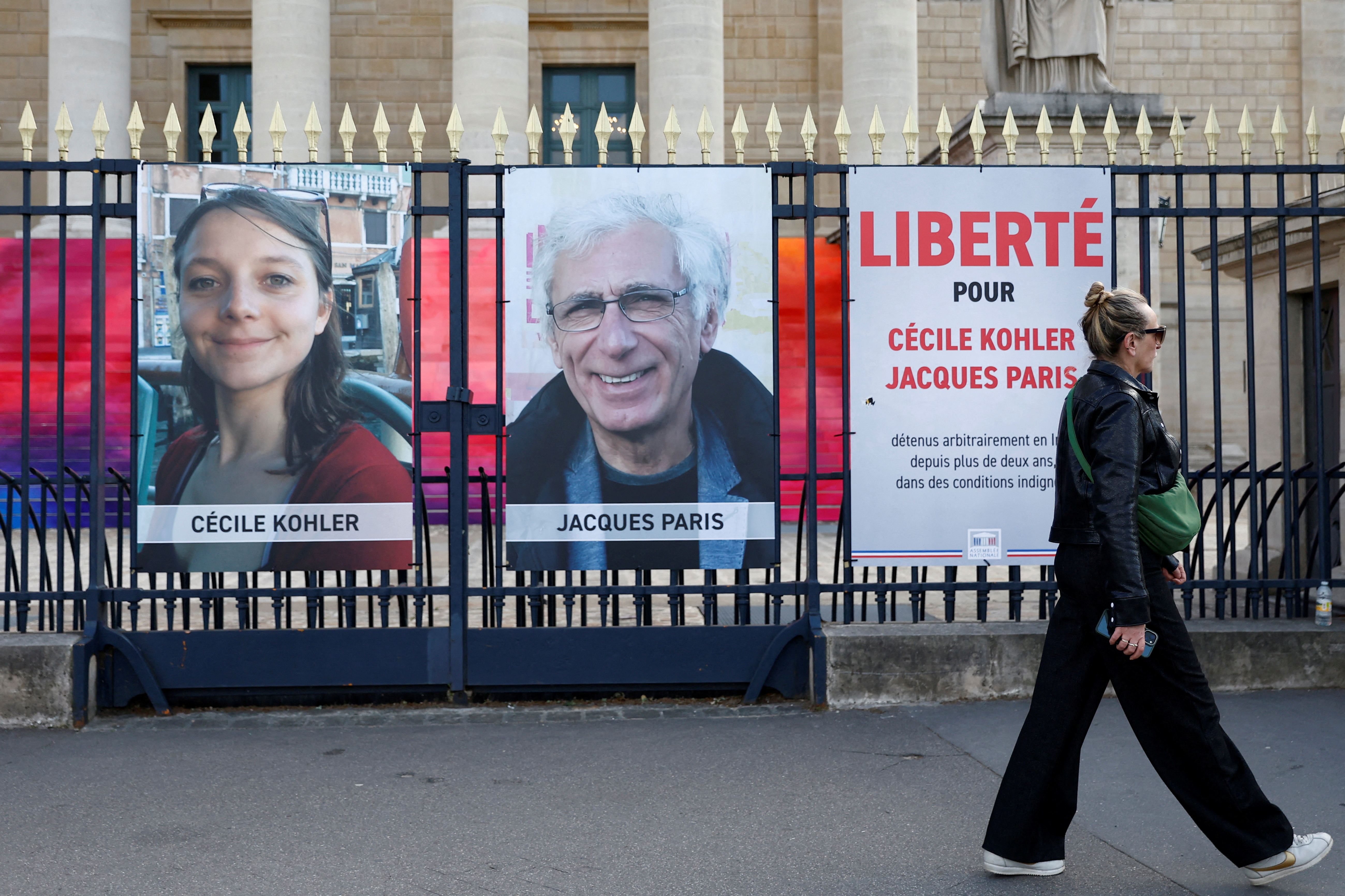 FILE PHOTO: Posters of Cecile Kohler and Jacques Paris in front of the National Assembly in Paris