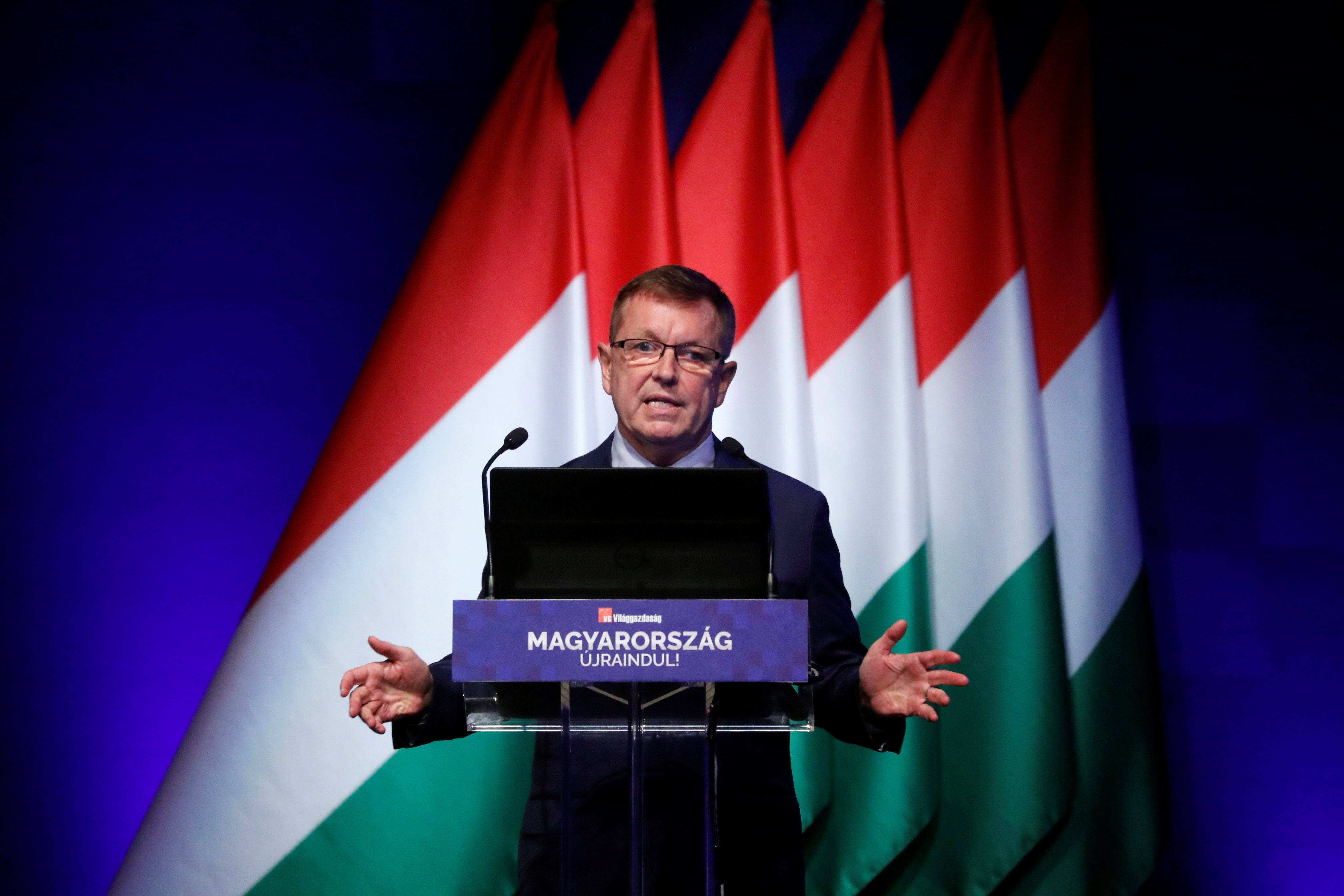 Hungarian PM Orban, Finance Minister Varga and Central Bank Governor Matolcsy take part in a business conference, in Budapest