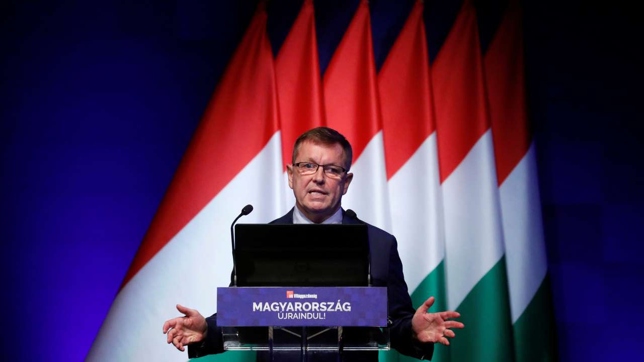 Hungarian PM Orban, Finance Minister Varga and Central Bank Governor Matolcsy take part in a business conference, in Budapest