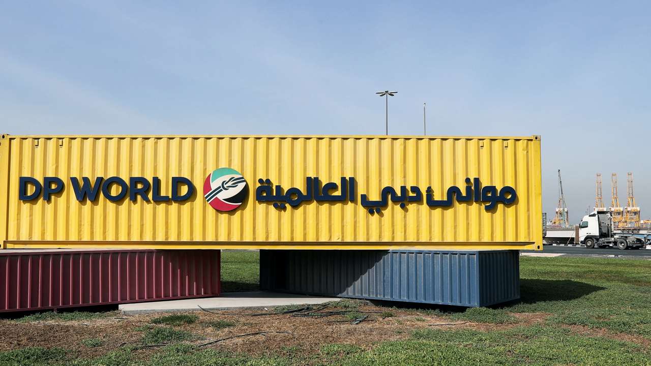 Corporate logo of DP World is seen at Jebel Ali Port in Dubai
