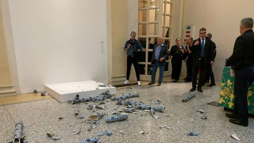A man shattered a sculpture by Ai Weiwei during the opening exhibition in Bologna