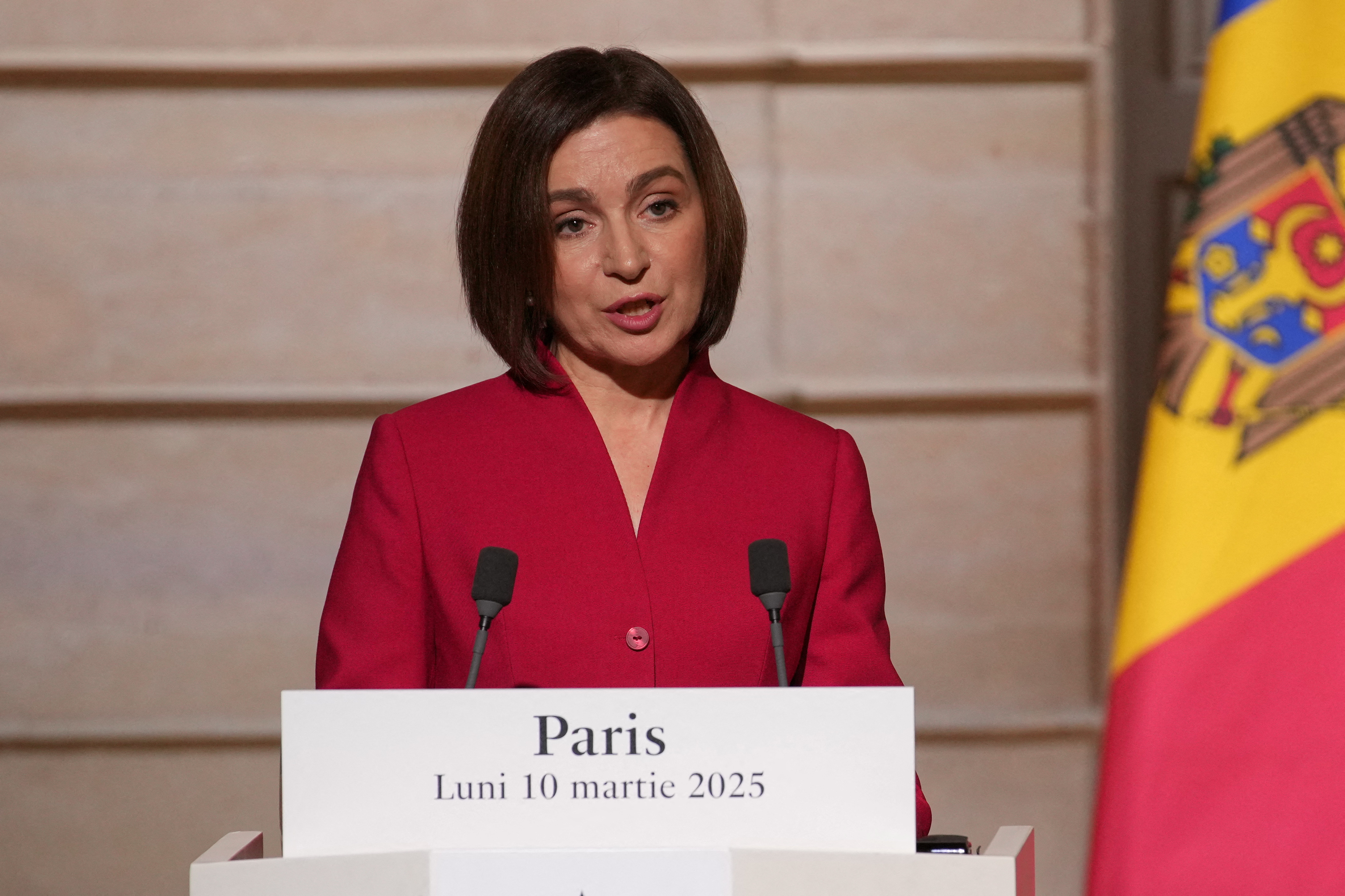 Moldova's President Maia Sandu and French President Emmanuel Macron meet at the Elysee Palace in Paris