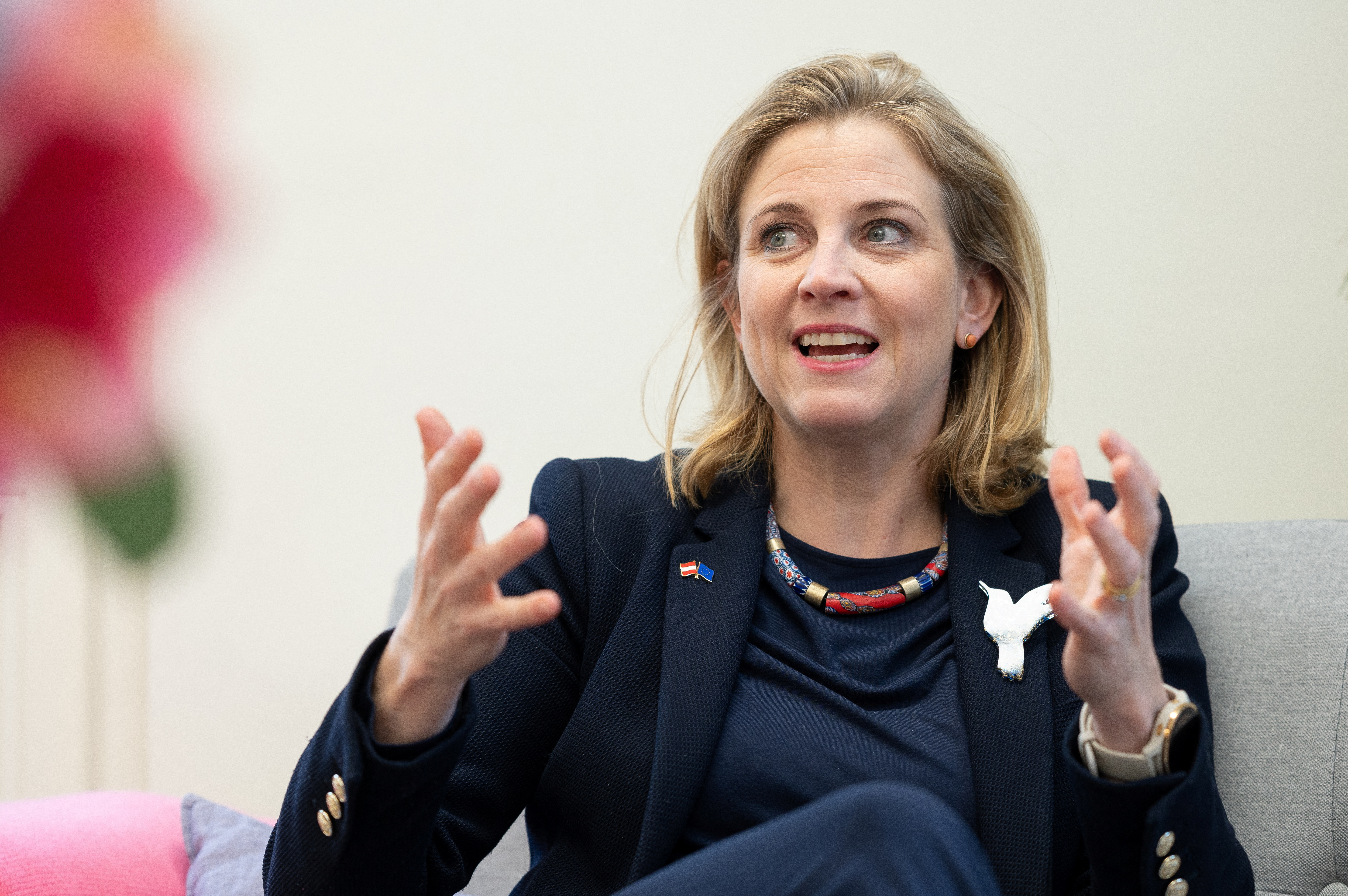 Beate Meinl-Reisinger, leader of Austria's liberal, opposition Neos party, gestures during Reuters interview in Vienna