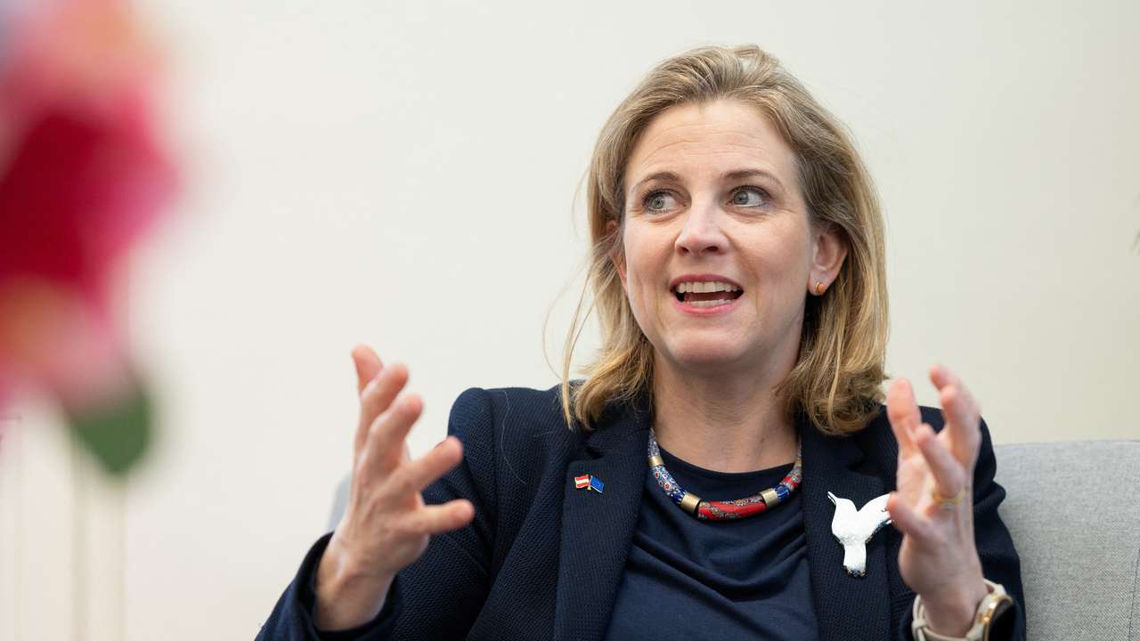 Beate Meinl-Reisinger, leader of Austria's liberal, opposition Neos party, gestures during Reuters interview in Vienna