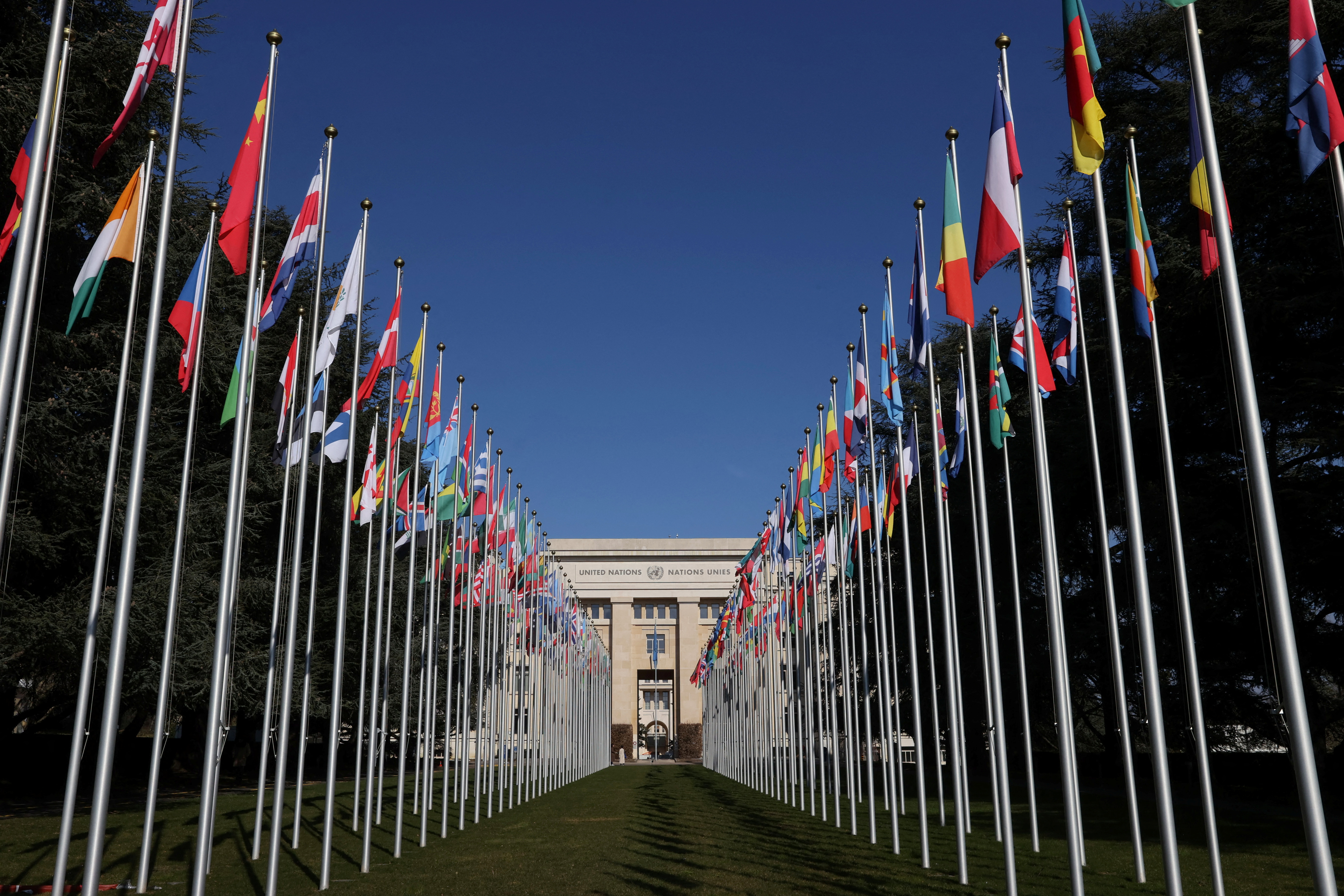 The flags alley is seen outside the United Nations building during the Human Rights Council in Geneva