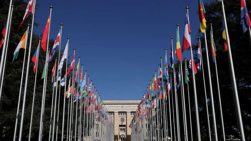 The flags alley is seen outside the United Nations building during the Human Rights Council in Geneva
