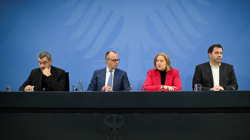 Germany's Merz and coalition leaders attend a press conference following talks, in Berlin