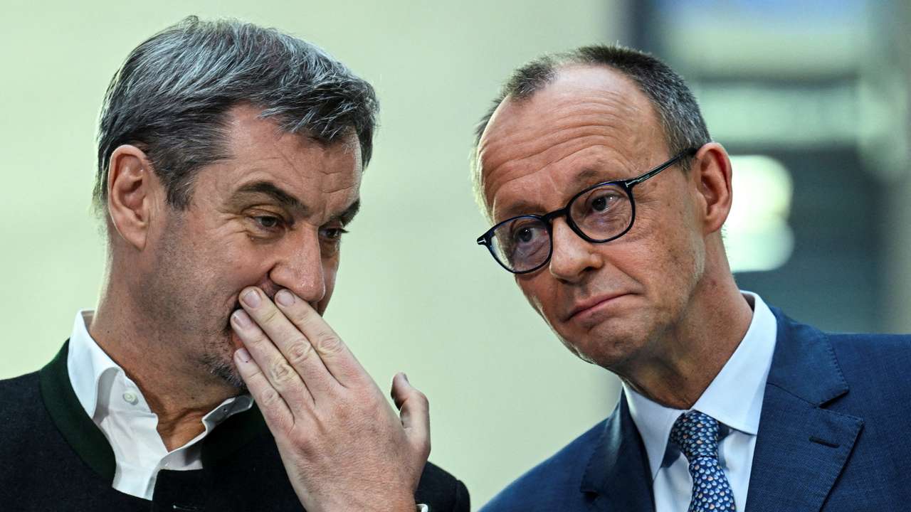 Germany's chancellor-in-waiting Merz, CSU leader Soeder, SPD co-leaders Esken and Klingbeil, give a statement after exploratory talks, in Berlin