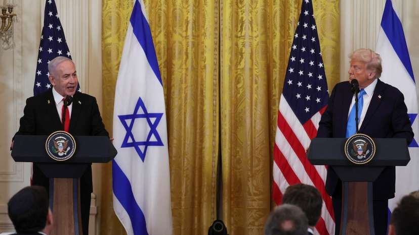 FILE PHOTO: U.S. President Donald Trump and Israeli Prime Minister Benjamin Netanyahu hold a joint press conference in the East Room at the White House in Washington