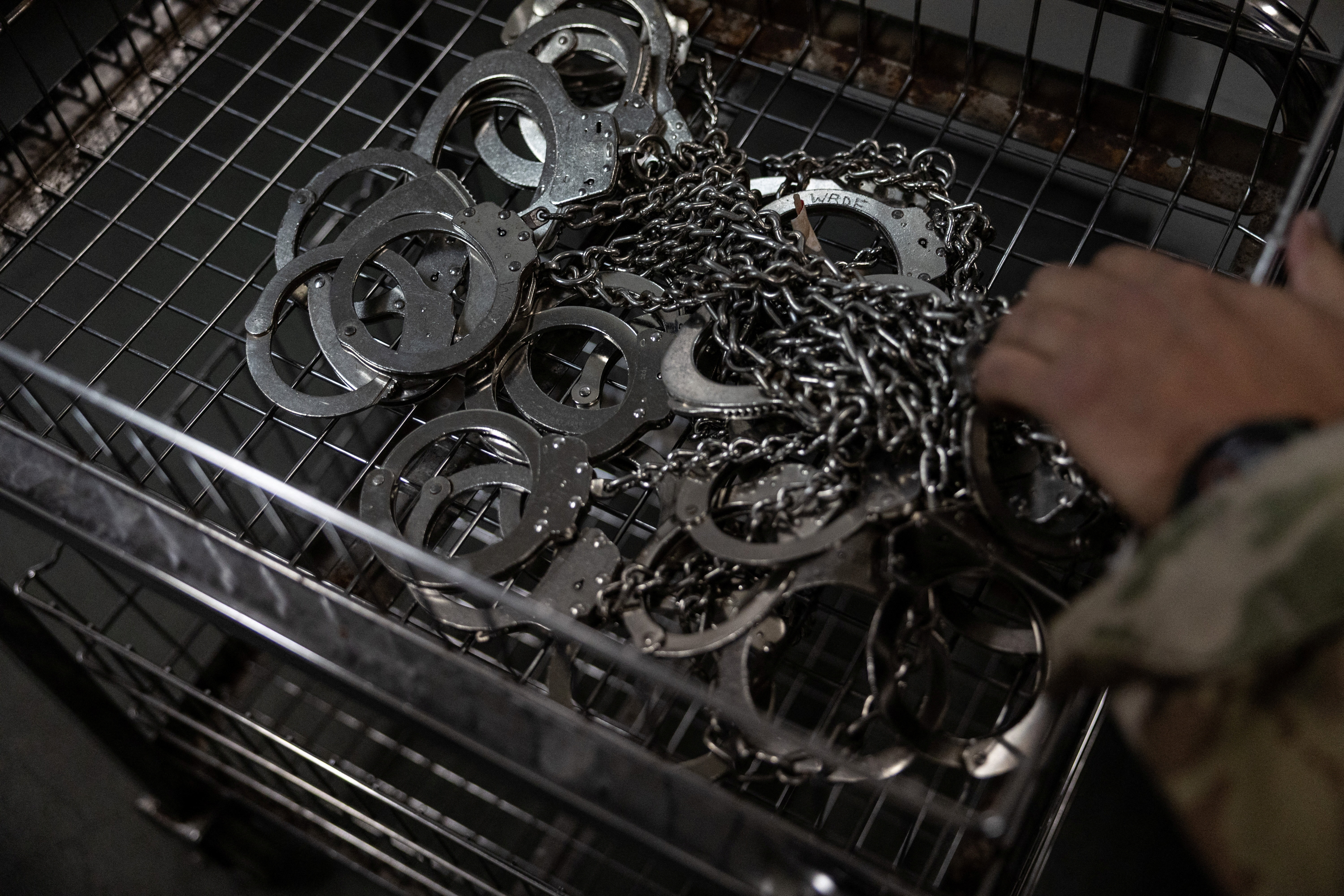 Detainment shackles inside a holding area at the U.S. Immigration and Customs Enforcement (ICE) and Enforcement and Removal Operations (ERO) office in Tampa