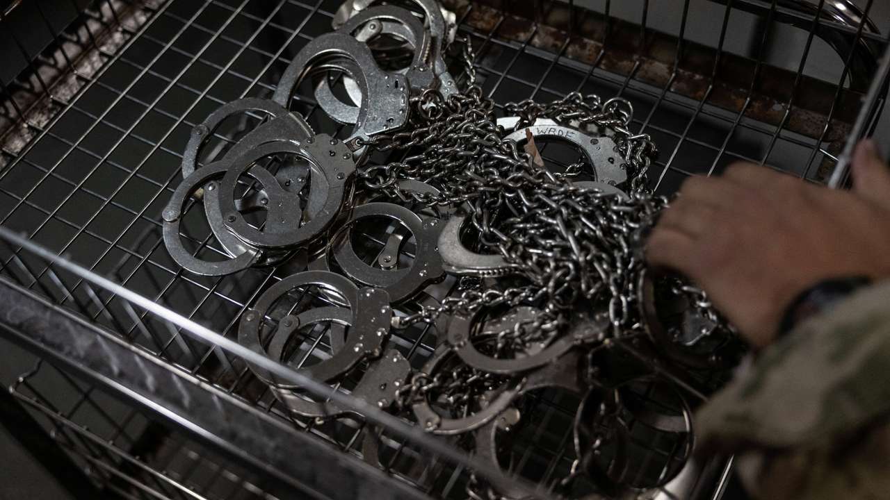 Detainment shackles inside a holding area at the U.S. Immigration and Customs Enforcement (ICE) and Enforcement and Removal Operations (ERO) office in Tampa