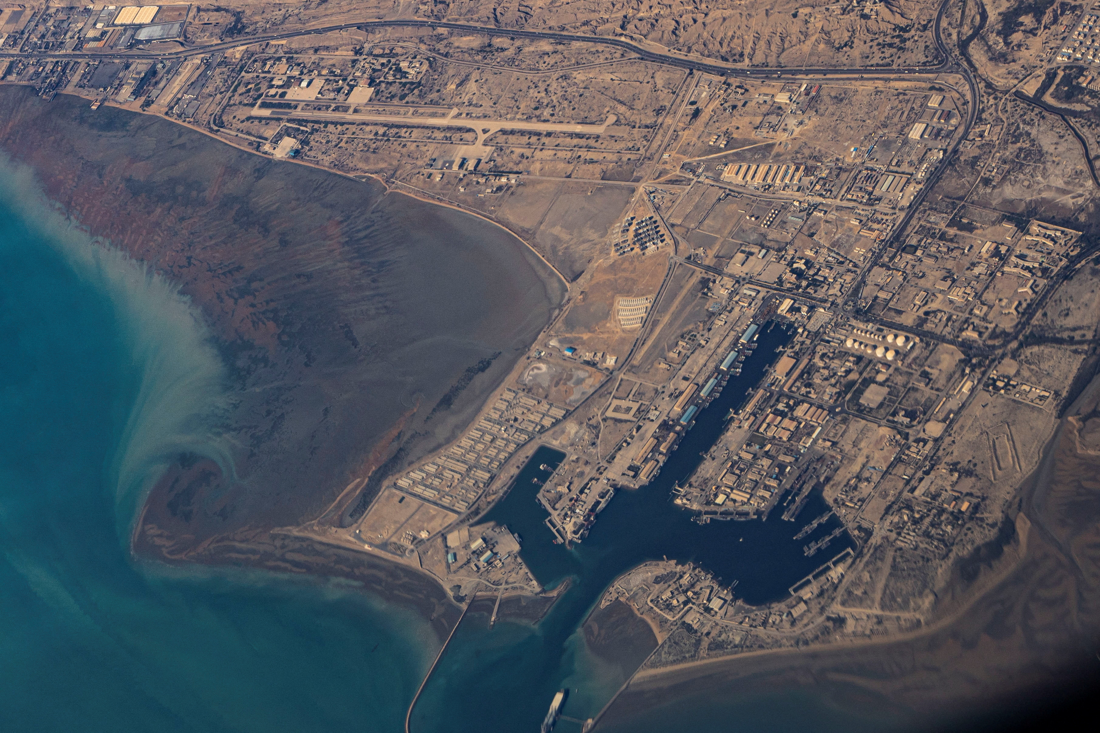 FILE PHOTO: An aerial view of the Iranian shores and Port of Bandar Abbas in the strait of Hormuz