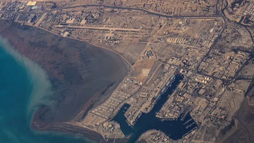 FILE PHOTO: An aerial view of the Iranian shores and Port of Bandar Abbas in the strait of Hormuz