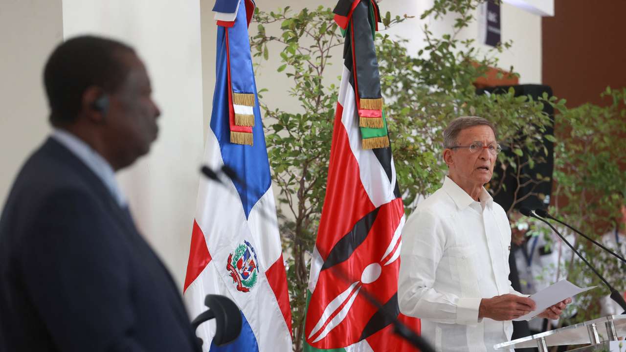 Kenya's Prime Cabinet Secretary Musalia Mudavadi and Dominican Foreign Minister Roberto Alvarez sign a bilateral agreement in Santo Domingo